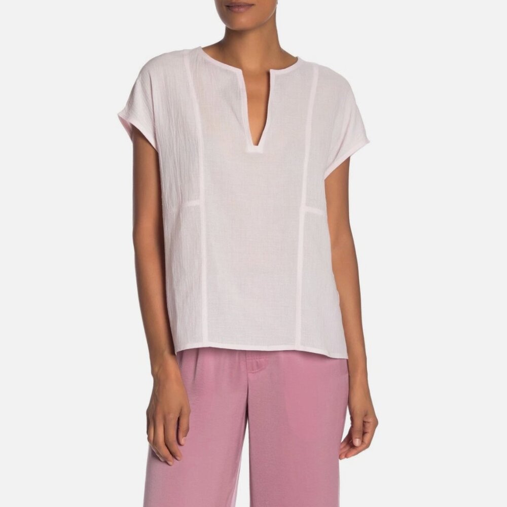 Vince Cap Sleeve Split Neck Popover Top Light Pink